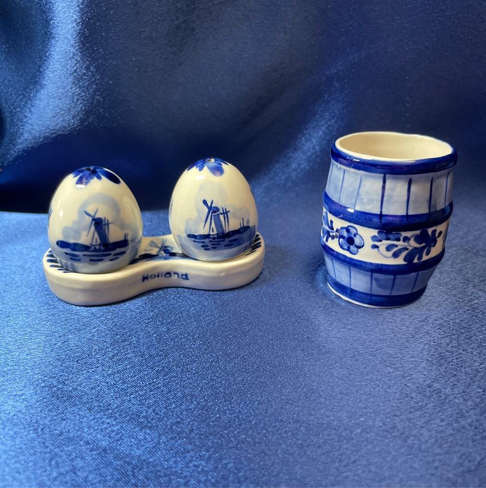 Delft Blue Porcelain Salt and Pepper and Toothpick Holder